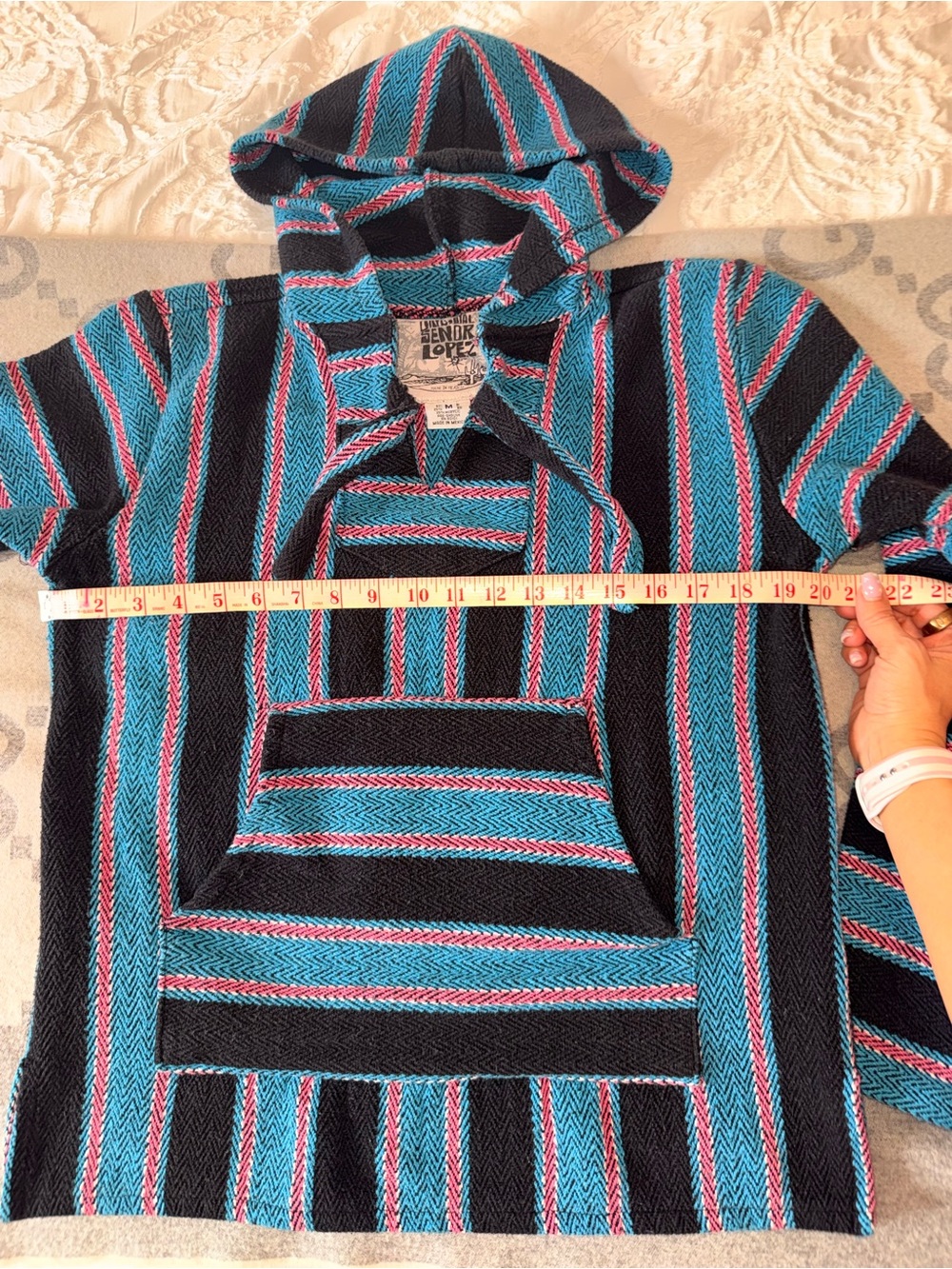 Baja Drug Rug Black Pullover with Blue, White and Pink Stripes - Picture 6 of 9